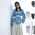 Hồng Kông-hương vị chic phong cách màu xanh và trắng sọc dọc lỏng dài tay áo + bạc thắt nút thời trang phù hợp với nữ áo nữ Bộ đồ
