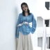Hồng Kông-hương vị chic phong cách màu xanh và trắng sọc dọc lỏng dài tay áo + bạc thắt nút thời trang phù hợp với nữ Bộ đồ