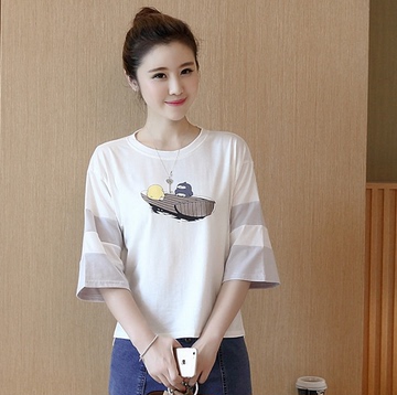中袖t恤女短款半袖衣服夏装字母小衫秋季七分袖宽松上衣韩版学生t