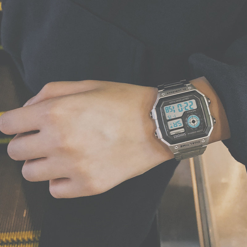 Square electronic and female students version digital luminous waterproof sports multi-functional watch for male _voghion.com