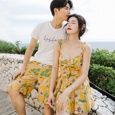 Купальник для пары 新款情侣泳衣女连体小清新小胸聚拢海岛度假情侣套装泡温泉泳装