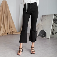 Wan Wan cao cấp tùy chỉnh đầu mùa thu mới retro quần bên dây đai mở đen chín điểm denim flare quần phụ nữ đồ công sở nữ