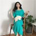 Mùa hè mới retro tính khí chic gió vòng cổ đơn giản màu rắn bìa belly tie ngắn tay áo đầm nữ ăn mặc 	váy xoắn eo	 Váy eo cao