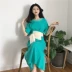 Mùa hè mới retro tính khí chic gió vòng cổ đơn giản màu rắn bìa belly tie ngắn tay áo đầm nữ ăn mặc