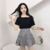 Mùa hè mới hoang dã màu rắn vuông cổ áo T-Shirt top + cao eo slim kẻ sọc váy Một từ váy phù hợp với sinh viên kiểu đồ bộ đẹp Bộ đồ