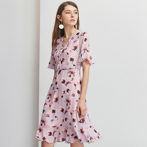 [Giá mới 149 nhân dân tệ] Ziran 2018 mùa hè mới V-Cổ in ấn eo OL ngắn tay chic dress nữ váy nhung đẹp