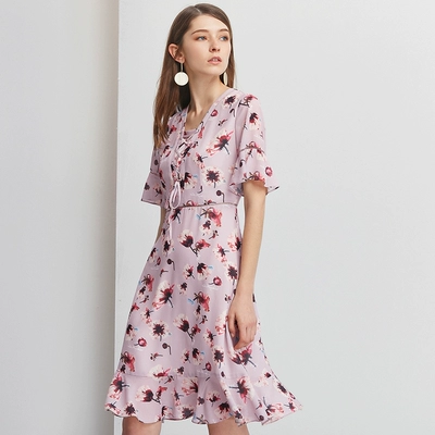 [Giá mới 149 nhân dân tệ] Ziran 2018 mùa hè mới V-Cổ in ấn eo OL ngắn tay chic dress nữ váy nhung đẹp Sản phẩm HOT