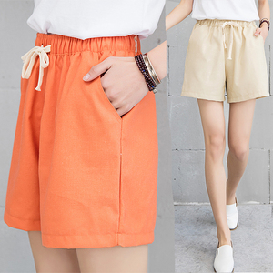 Kẹo màu bông và vải lanh quần short của phụ nữ thể thao giản dị mặc mùa hè mồ hôi thấm thở lỏng sinh viên eo chặt chẽ kích thước lớn quần