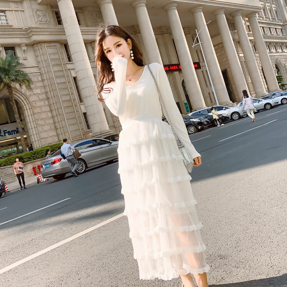 实拍法式蛋糕裙名媛打底连衣裙女秋冬新款v领高腰中长裙子