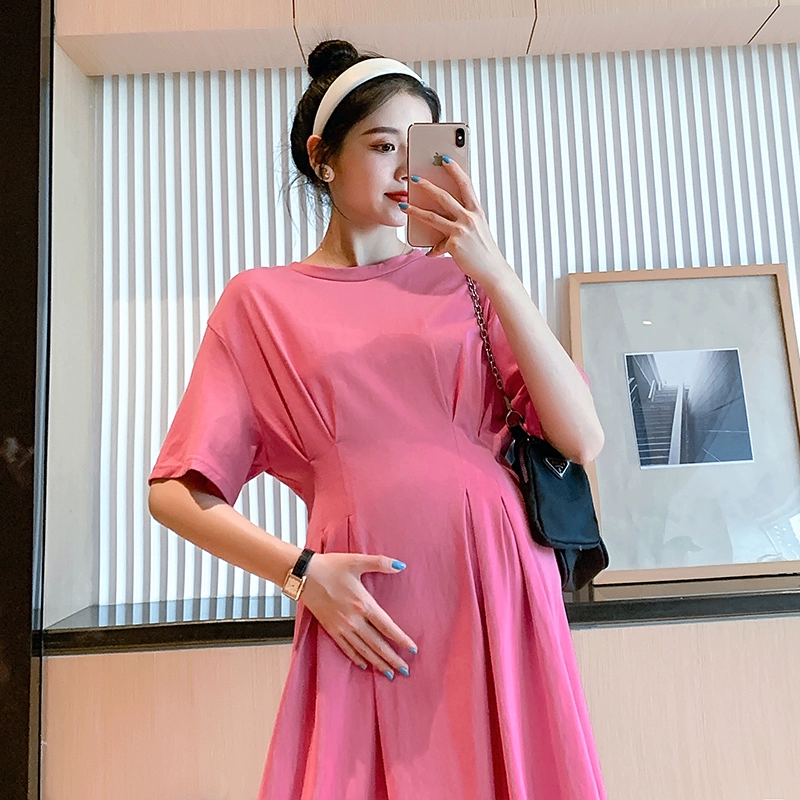 Mùa hè 2020 phiên bản Hàn Quốc mới của thời trang váy cotton cho phụ nữ mang thai cổ tròn rộng và mỏng sau lưng đẹp váy mẹ tính khí - Áo thai sản