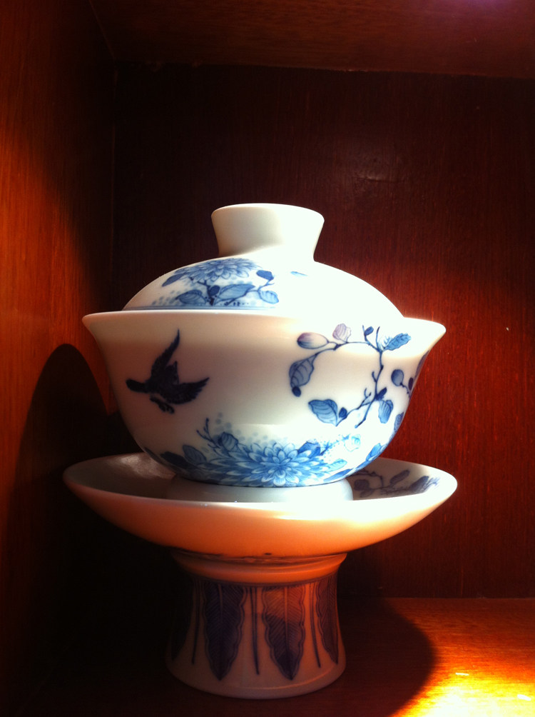 景德镇手绘青花牡丹系列三才盖碗 三才杯 陶瓷功夫茶杯