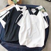 Hồng Kông phong cách ngắn tay polo áo sơ mi nam Harajuku phong cách bf mùa hè sinh viên ins các cặp vợ chồng trang trí cơ thể sọc ve áo T-Shirt xu hướng