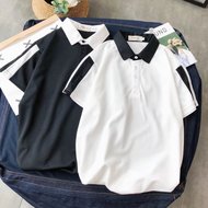 Hồng Kông phong cách ngắn tay polo áo sơ mi nam Harajuku phong cách bf mùa hè sinh viên ins các cặp vợ chồng trang trí cơ thể sọc ve áo T-Shirt xu hướng áo polo đẹp