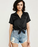 Abercrombie Fitch American AF Осуренная женщина чистого цвета летняя кожа, слегка свободная короткая рубашка