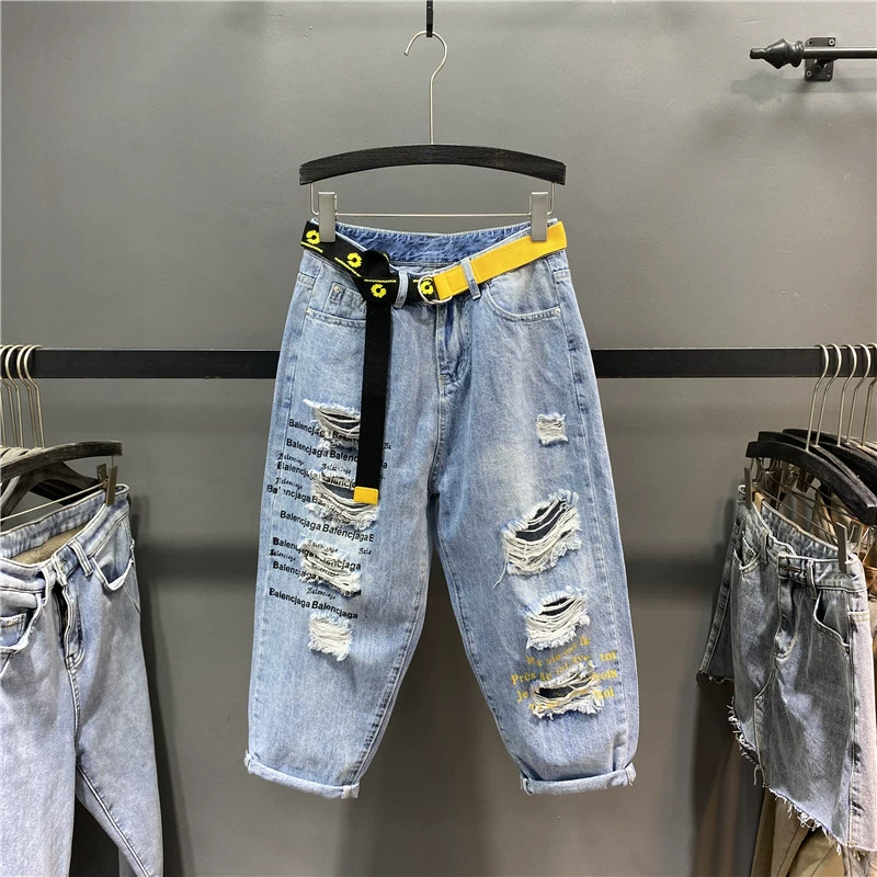 Châu Âu trạm 2020 hè mới thư ăn xin lỗ bố quần jeans nữ hậu cung lỏng lẻo quần tám điểm sập quần - Quần jean
