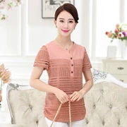 Áo thun cotton và vải lanh cho phụ nữ trung niên và già mùa hè Thời trang mới của mẹ áo sơ mi openwork trung niên 40-50