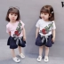 Váy bé gái hè 2018 mới phù hợp với phiên bản Hàn Quốc của quần áo bé gái nước ngoài trẻ em tay ngắn hai bộ quần áo trẻ em thủy triều quần áo trẻ sơ sinh cao cấp Phù hợp với trẻ em