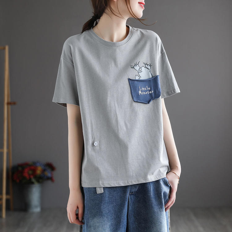 Light GreyBig size Women's wear 2021 summer new pattern Korean version Show thin T-shirt female easy Versatile pocket printing Short sleeve jacket tide