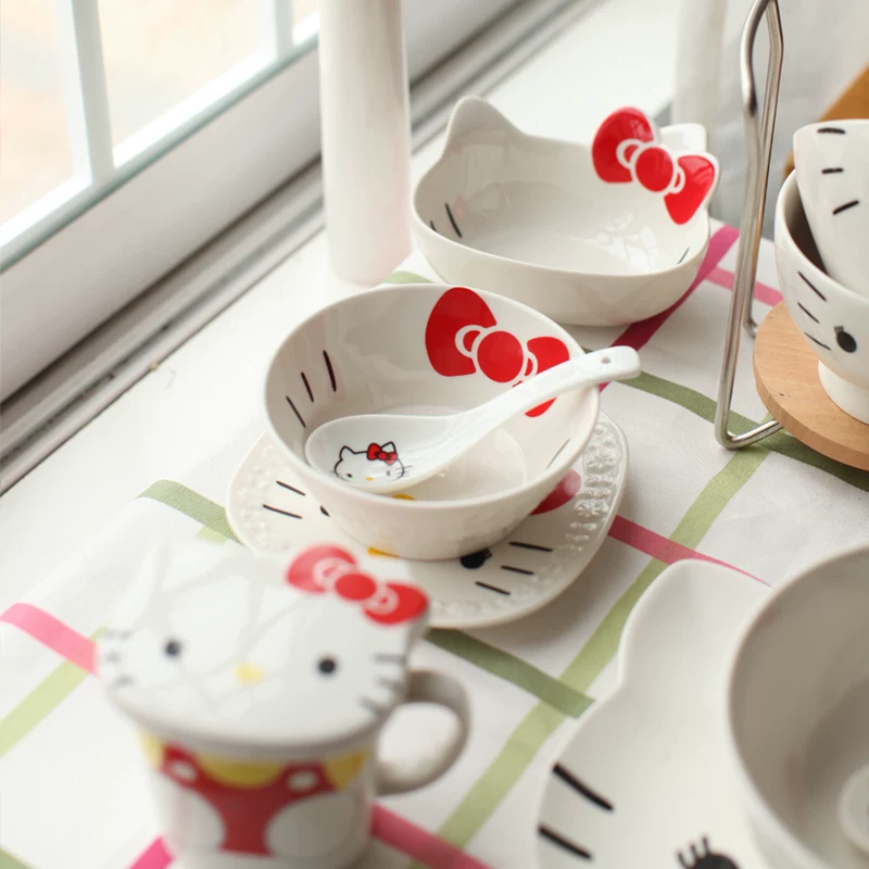 Hello kitty, японская креативная мультяшная посуда, керамический набор, миска для супа со стеклом