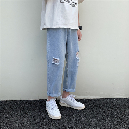 Summer ulzzang Vintage hole 9-point jeans for men's Korean Trend and students' straight tube fashion casual pants