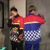Hàn Quốc studios Hàn Quốc với windproof đứng cổ áo nửa dây kéo retro checkerboard ngọn lửa áo len hoodie tím Áo len