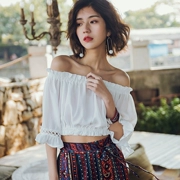 Mùa hè 2019 phụ nữ mới Thái Lan đi biển bên bờ biển ngắn phần rốn tay áo bảy điểm cổ áo lệch vai - Cộng với kích thước quần áo