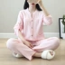 Đồ ngủ gạc cotton Nhật Bản của phụ nữ mùa hè không cổ áo cardigan dịch vụ nhà màu sắc ngọt ngào mùa xuân và mùa thu mỏng phần dài tay áo phù hợp - Bộ Pajama Bộ Pajama