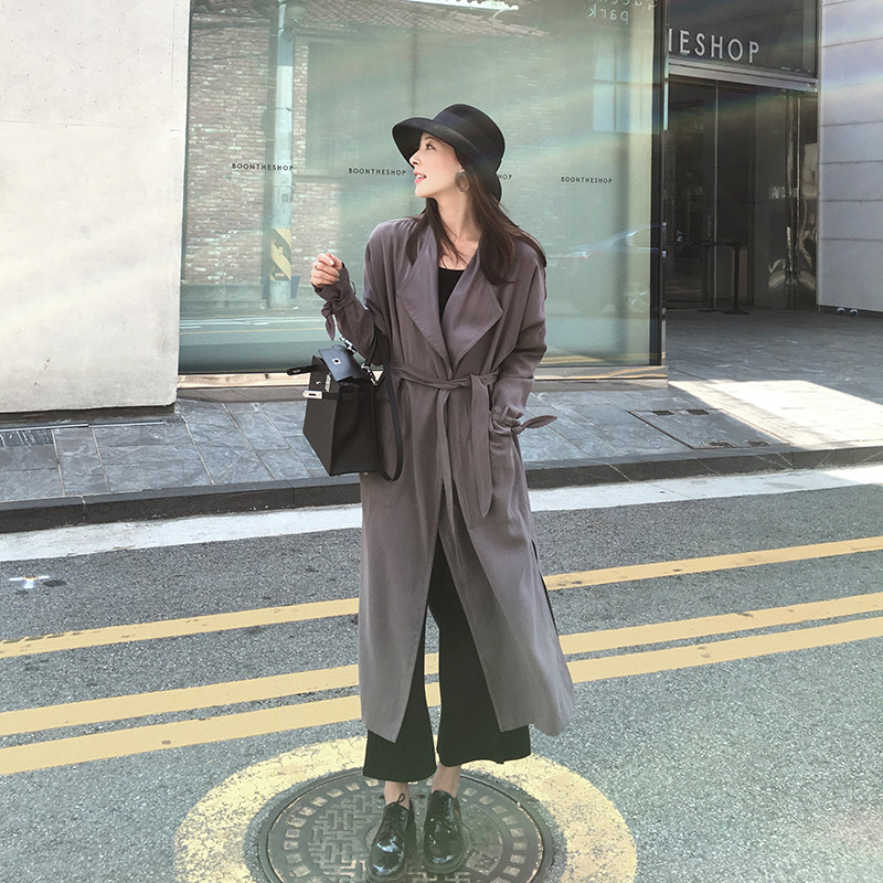 Thơ shwin mùa thu 2018 phần dài ve áo lớn phần mỏng áo gió nữ chia hem vành đai eo áo khoác