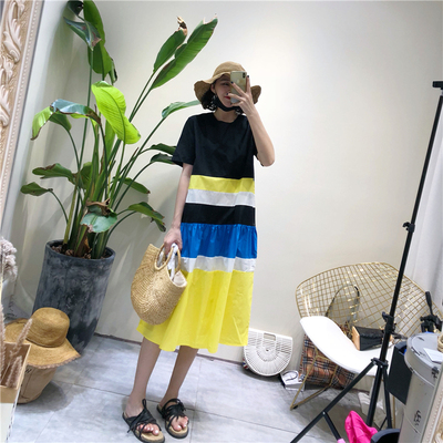 2018 mùa hè mới Hàn Quốc thời trang khảm màu sọc vòng cổ ngắn tay lỏng đoạn dài sen váy đầm suông đẹp Sản phẩm HOT