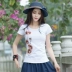 Phong cách quốc gia của phụ nữ 2018 mùa xuân và mùa hè mới kích thước lớn phong cách Trung Quốc thêu hoa T-Shirt nữ bông là mỏng màu sắc hoang dã các kiểu áo voan đơn giản Mùa xuân