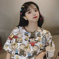 Mùa hè 2019 của nữ sinh Nhật Bản cô gái nhỏ tươi hoạt hình in áo sơ mi cổ tròn tay ngắn hoang dã - Cộng với kích thước quần áo quần baggy kaki nữ