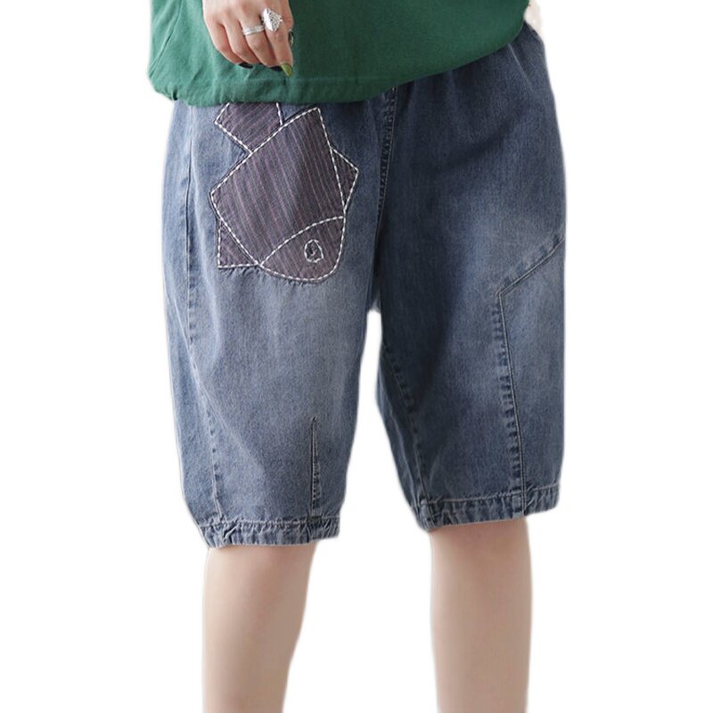 Stretched-waist embroidered Halon jeans for women's summer, thin style, 2022, 5-point casual loose, retro straight-leg midpants Item Picture