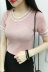 2018 mùa hè mới vòng cổ màu sọc đan áo sơ mi hàng đầu Hàn Quốc phiên bản của sinh viên hoang dã ngắn tay phụ nữ áo len