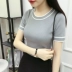 2018 mùa hè mới vòng cổ màu sọc đan áo sơ mi hàng đầu Hàn Quốc phiên bản của sinh viên hoang dã ngắn tay phụ nữ áo len áo len nữ form rộng Vòng cổ áo len