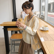 质检 春装新款韩版慵懒风V领撞色条纹针织毛衣女上衣 9416#