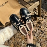 Лоферы, зимняя обувь, утепленные удерживающие тепло туфли на платформе, ремень, черная пряжка для кожаной обуви, 2023