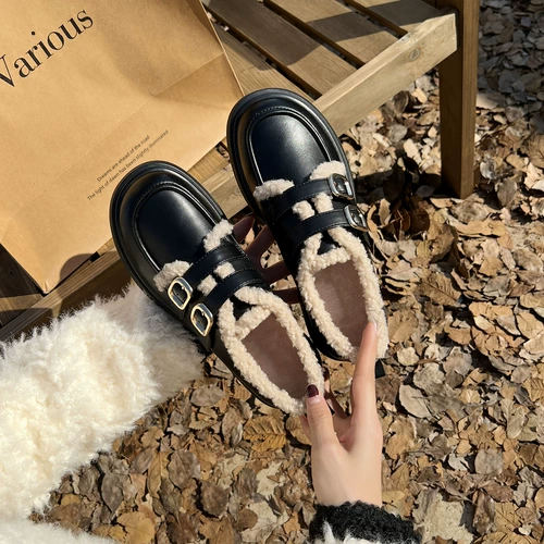 Лоферы, зимняя обувь, утепленные удерживающие тепло туфли на платформе, ремень, черная пряжка для кожаной обуви, 2023