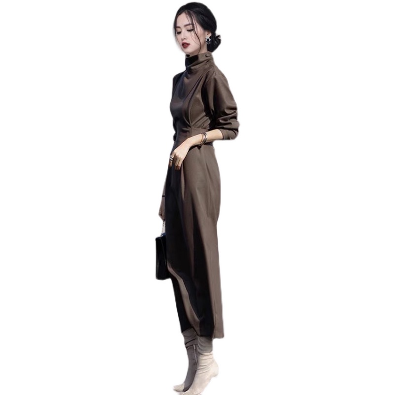 Gao Leng Yujie Style High Neck Long Sleeve Wool Dress Women's Fall/Winter French Backing Long Dress with Coat Fashion