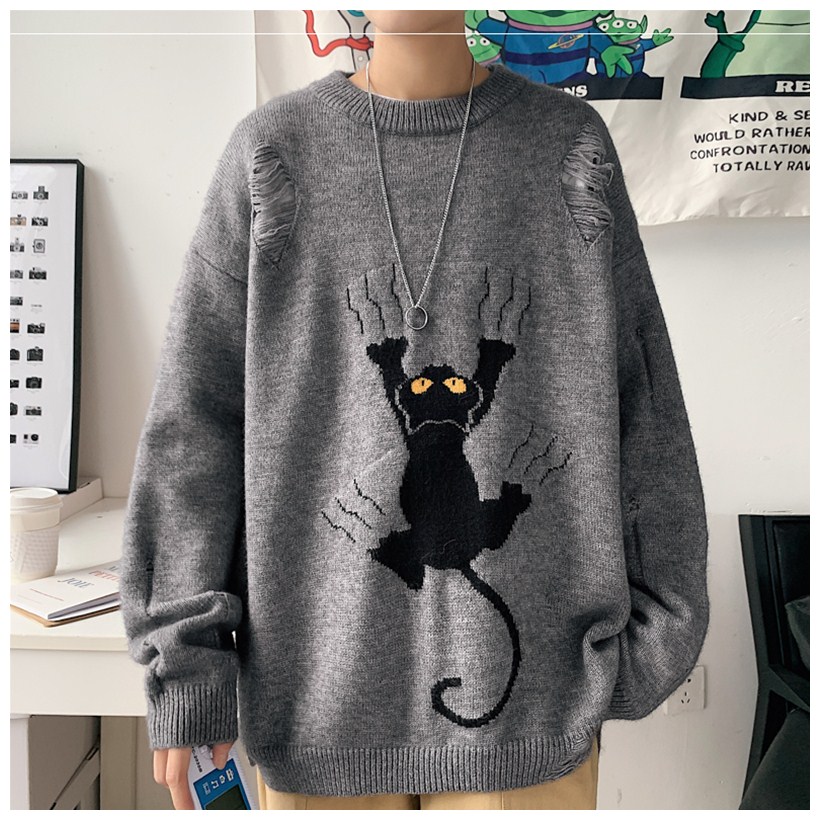 Lazy Style Men's sweater winter trend loose Korean version hole students' Hong Kong style sweater autumn and winter
