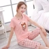 Mùa hè ngắn tay nữ đồ ngủ mùa hè của phụ nữ phim hoạt hình tinh khiết bông dịch vụ nhà phù hợp với cộng với phân bón XL đồ ngủ Bộ Pajama