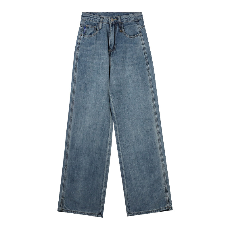 Blue wide-leg pants, women's summer high-waisted jeans, slimming straight-leg pants, chic floor-length pants, split pants, trendy Item Picture