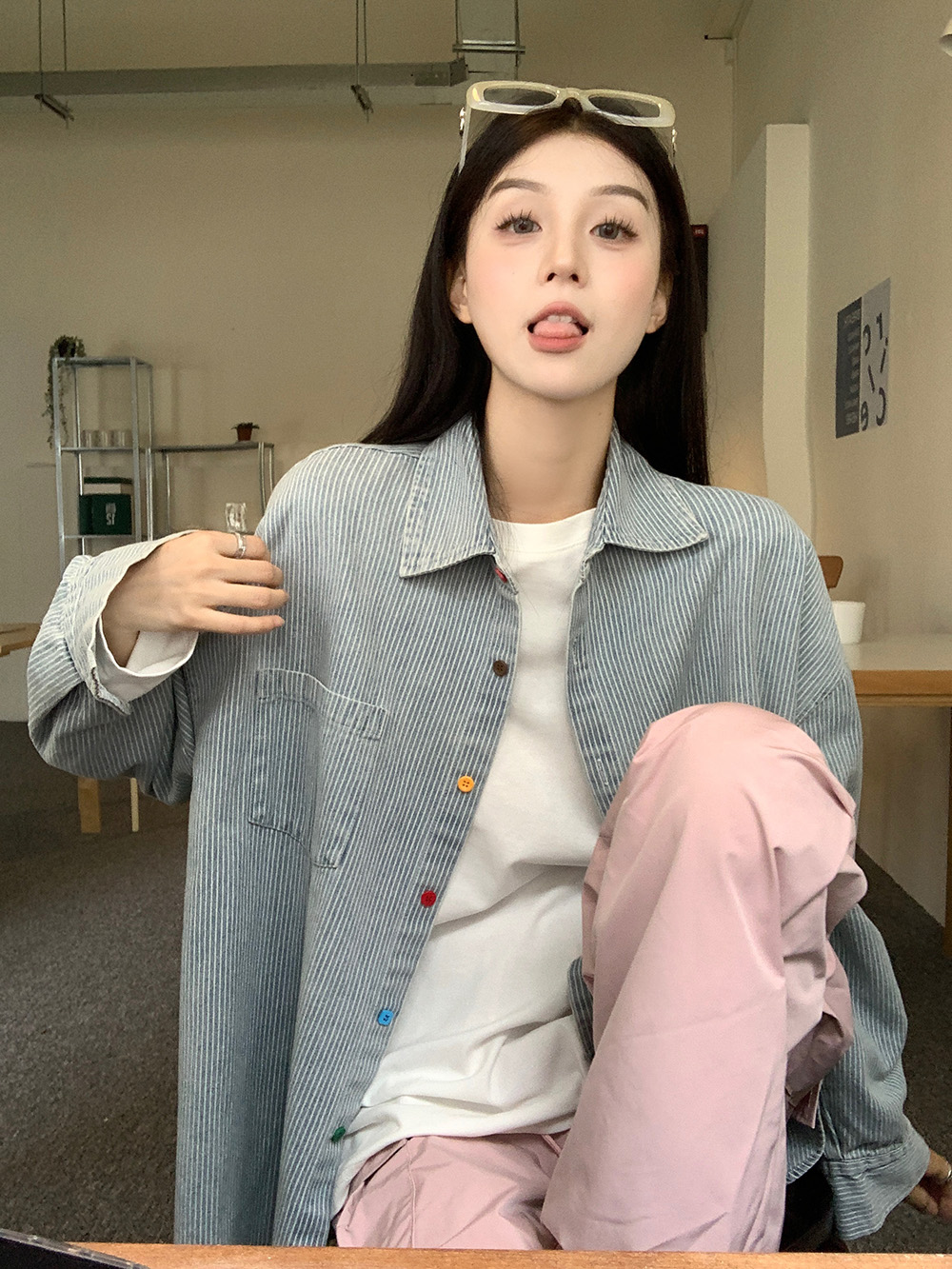 kumikumi Design Sense Colorful Button Laps Shirt Coat Women's Autumn Hong Kong-style Striped Mid-length Top