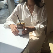 Hàn quốc mùa thu chic gió hoang dã lỏng dài tay POLO ve áo màu rắn đơn ngực áo sơ mi trắng áo sơ mi nữ