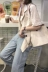 Hàn Quốc phiên bản đơn giản giản dị áo sơ mi ngắn tay áo + eo cao là mỏng lỏng hoang dã rộng chân jeans hai mảnh phụ nữ áo vest nữ hàn quốc Áo khoác ngắn