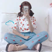 Em gái mềm thiết lập hai mảnh loli cô gái trái tim dâu áo ngắn tay Nhật Bản của phụ nữ dễ thương nhỏ tươi thủy triều ngọt ngào