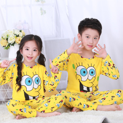 Long Sleeve SpongebobLong sleeve children pajamas summer baby suit male girl pure cotton Spring and Autumn Thin boy Zhongda Tong leisure wear