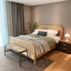 спальня из ротанга 古小鱼 北欧实木床酒店民宿主卧床日式藤编床设计师1.8米双人床