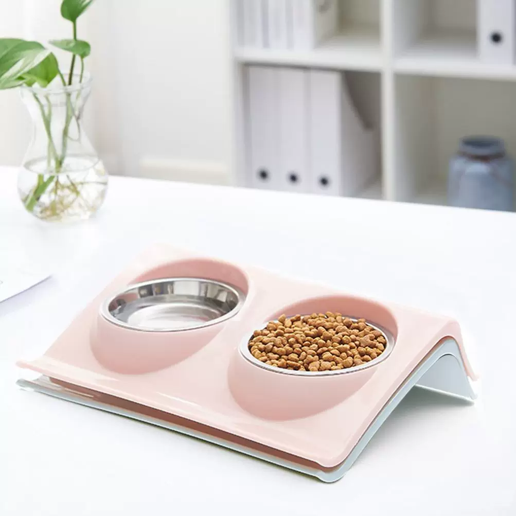 [Double Dog Cat Bowls Stainless Steel Pet Food Water Feeder]