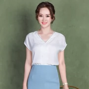Áo khoác voan nữ công chúa Ying Gongzi mùa hè 2019 mới lỏng áo ren mỏng v cổ che bụng ngắn tay áo - Áo sơ mi chiffon ren