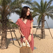 Gangfeng it Women 2019 hè mới đầm voan cổ chữ V ngọt ngào siêu cổ tích kỳ nghỉ bên bờ biển váy đi biển - Váy eo cao
